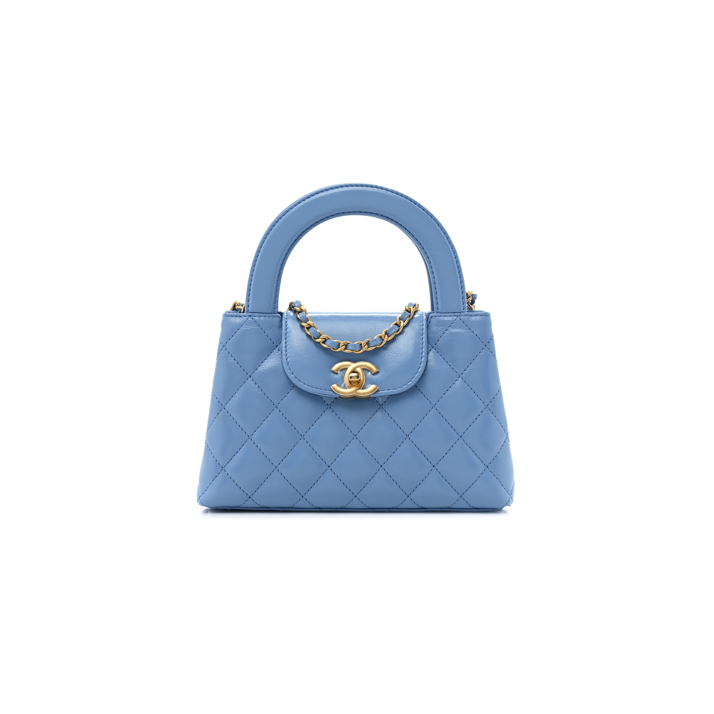 CHANEL MASTER SHINY AGED CALFSKIN QUILTED NANO KELLY SHOPPER BLUE AS4416 (19*13*7cm)